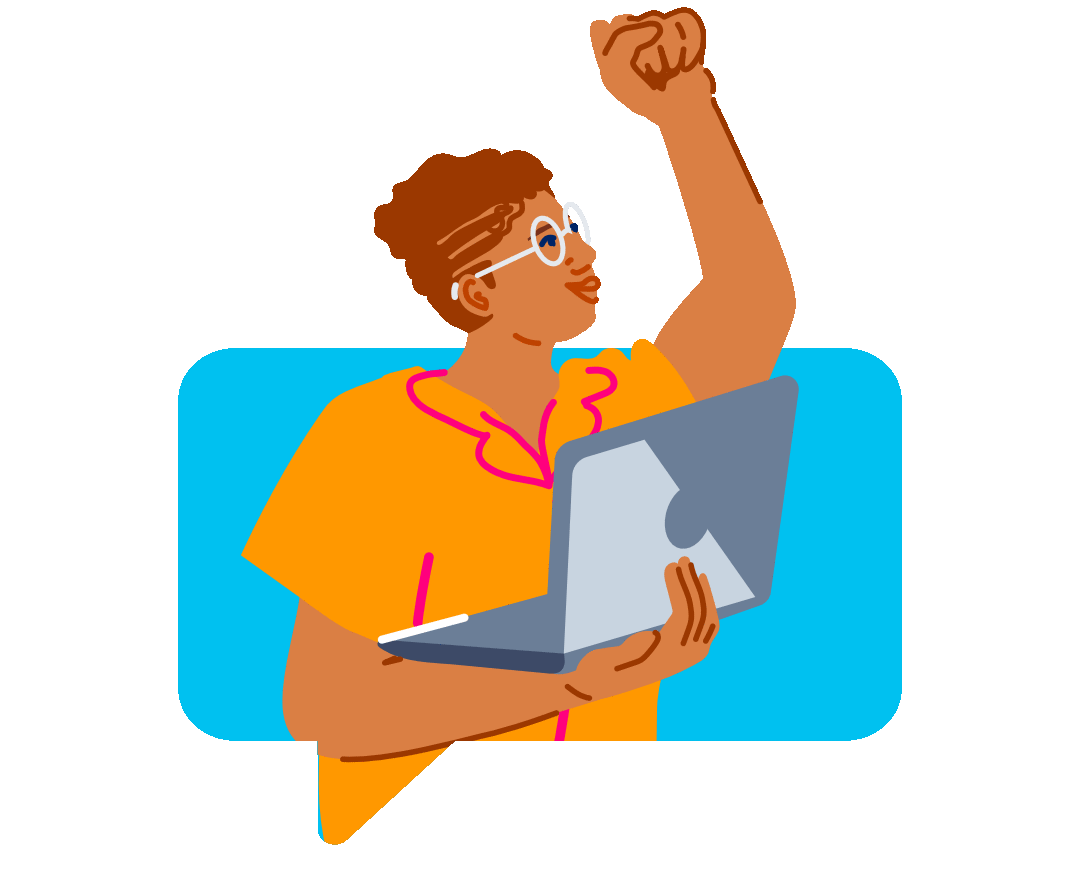 Illustration of a person holding a laptop and raising their fist
